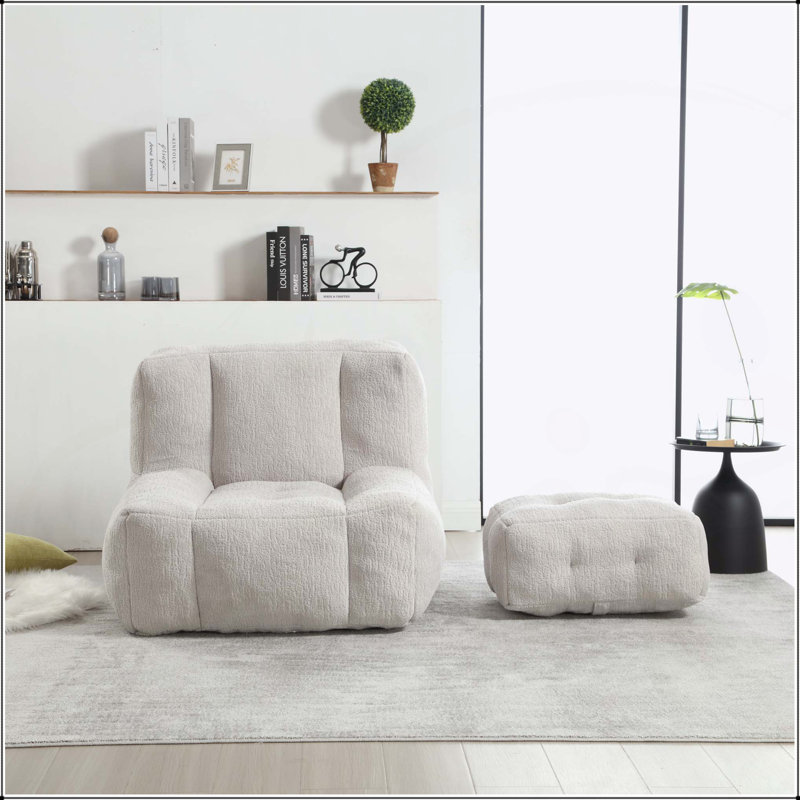 Fluffy Bean Bag Chair with Rupert and Ottoman, Super Comfortable for Adults, Modern Living Room and Bedroom Furniture, Yellow