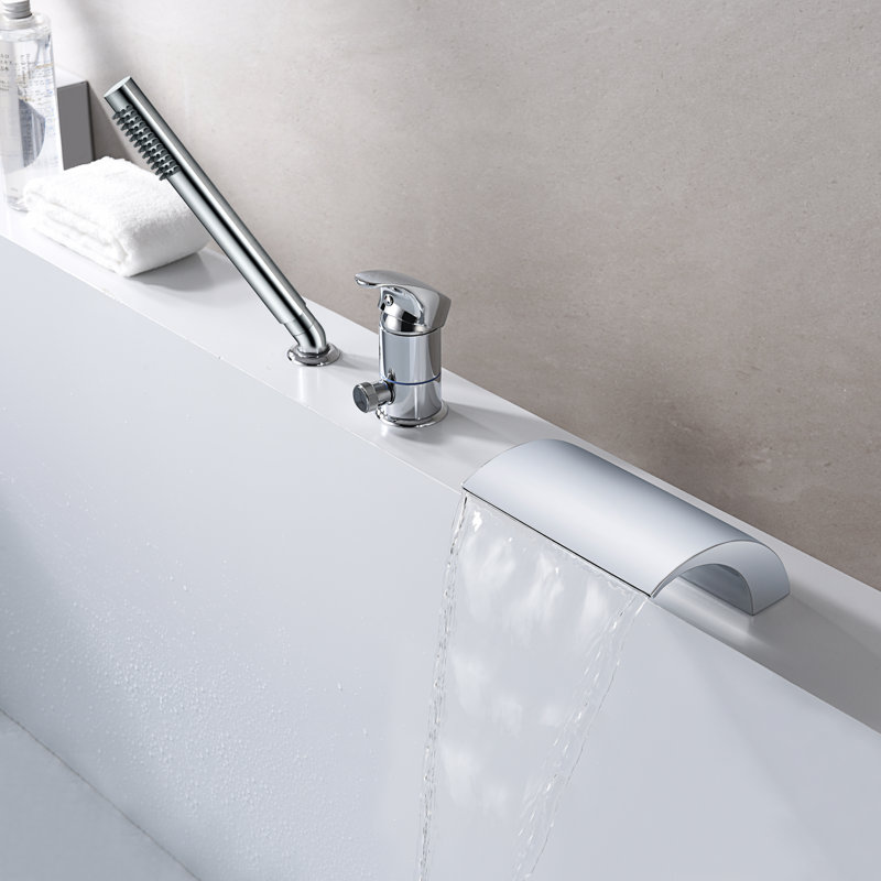 Robinet de baignoire à cascade, robinet de baignoire à fixation sur plateau avec douche à main, Chrome