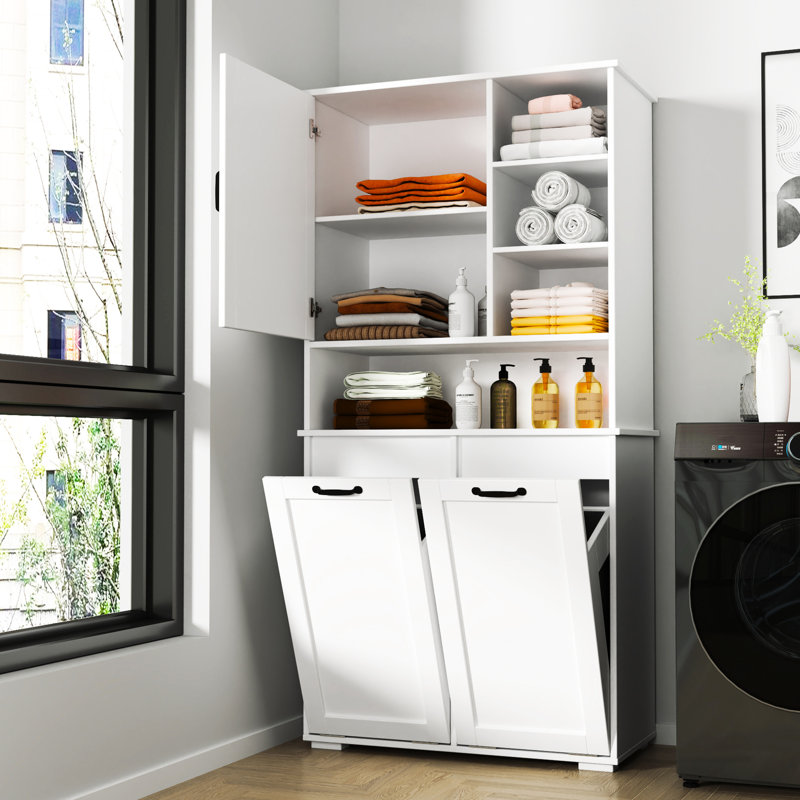 Portes, armoire à lessive à tablettes - panier inclinable, rangement multiple, autoportant, blanc, tablettes réglables et
