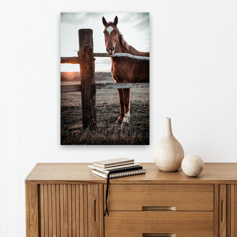 Art mural cheval brun au coucher du soleil, H 18 po x l 12 po