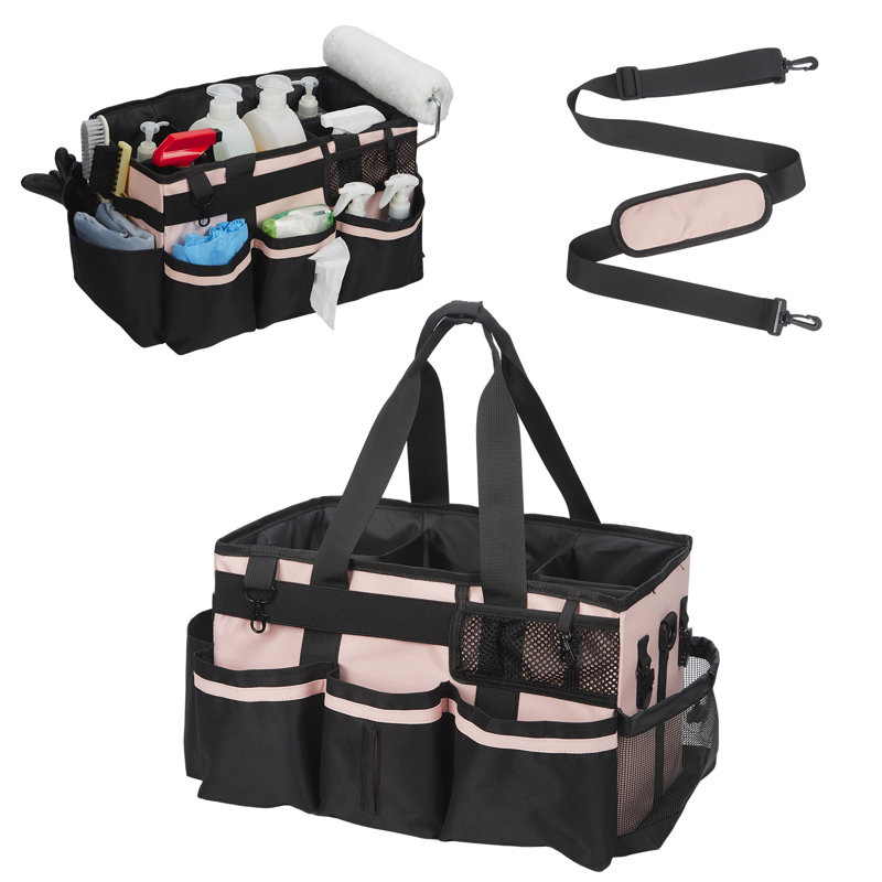Sac de rangement de nettoyage, sac de nettoyage en tissu Oxford imperméable 18 "avec séparateurs, bandoulière, multi-poches, rose