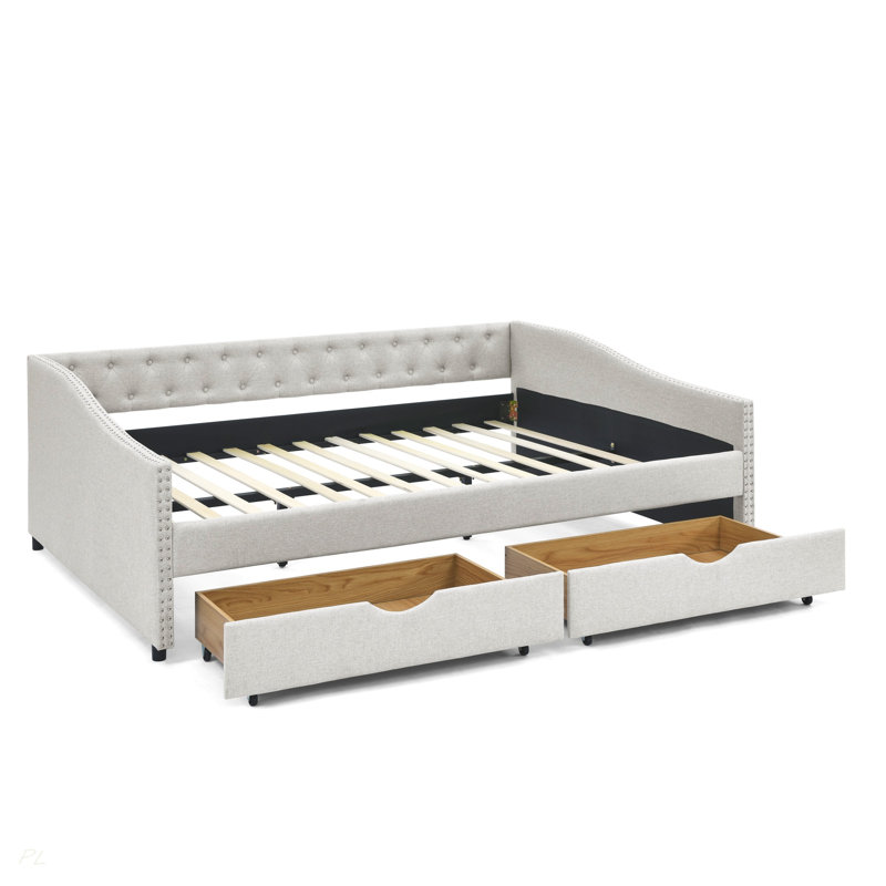 Lit de jour avec tiroirs, canapé-lit capitonné, avec bouton sur le dos et clou en cuivre sur les accoudoirs ondulés, Beige