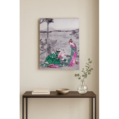 Personnages au bord de l'eau avec le mont Fuji — Portrait mural en métal