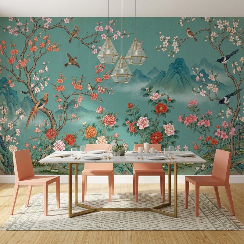 Murale bleu sarcelle avec branches de cerisier en fleurs, Texturé non collé, 100 po x 96 po