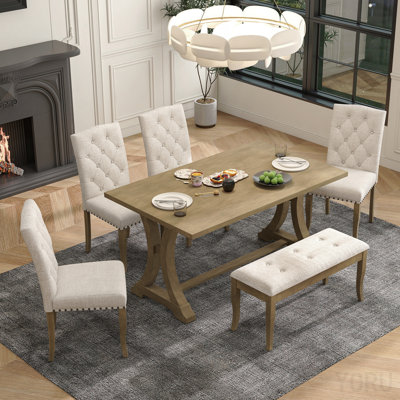 6-Piece Farmhouse Dining Table Set, Rectangular Trestle Table And 4 Upholstered Chairs & Bench For Dining Room (Natural Wood Wash)