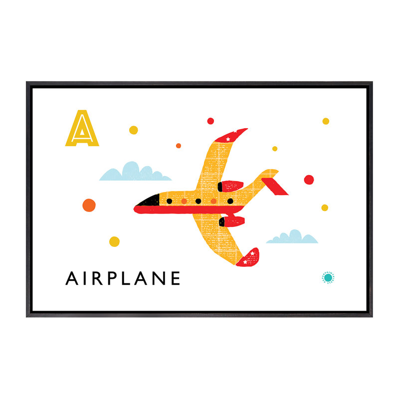 A is for air plane - impression d'art graphique, H 40 po x l 60 po x 1,5 po, Toile avec cadre noir patiné, Pas de tapis