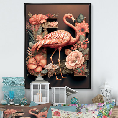«Flamant rose avec fleurs roses» - reproduction sur toile
