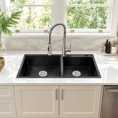 Évier de cuisine 32 po x 19 po à double cuve en acier inoxydable, lavabo encastré moderne avec drains, crépines
