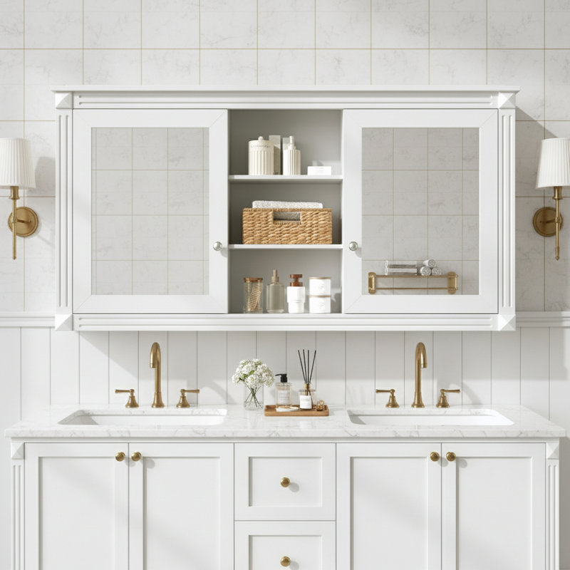 Wall-Mount Mirror Bathroom Cabinet With Adjustable Shelves And Soft-Closing Hinges, High-Definition Mirrors, Blanc
