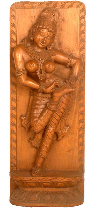 Wood Nayika Nymph Temple Carving, 24 in. Wall Panel     South Indian Mythological Decor for Living Room & Meditation Space
