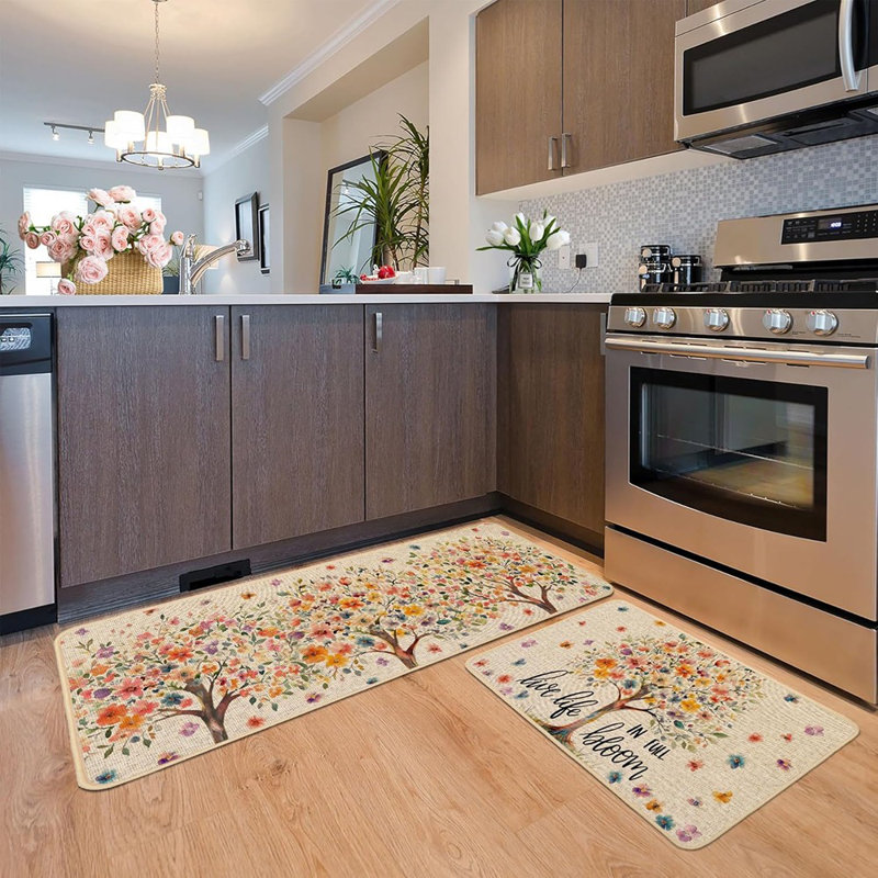 Tree Floral Kitchen Mats - Multi - Set Of 2 Low-Profile Non-Slip Rugs,  Spring Seasonal Home Decor