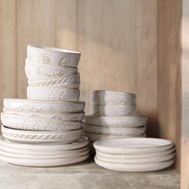 Pasta Bowls, 50oz Large Salad Serving Bowls, 9.75'' Plates Bowls Set of 4, Big White Ceramic Soup Bowls for Kitchen, Embossment Shallow Dinner Bowl, Microwave Dishwasher Safe, Multiple Patterns