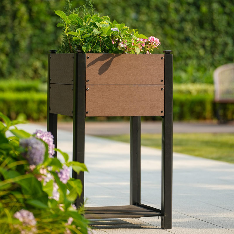  HDPE Elevated Raised Garden Bed with Wood – Sturdy Black Aluminum Frame, Storage Shelf & All-Weather Design, Perfect Planterr for Vegetables & Herbs Outdoors – Size: 49x49x85cm
