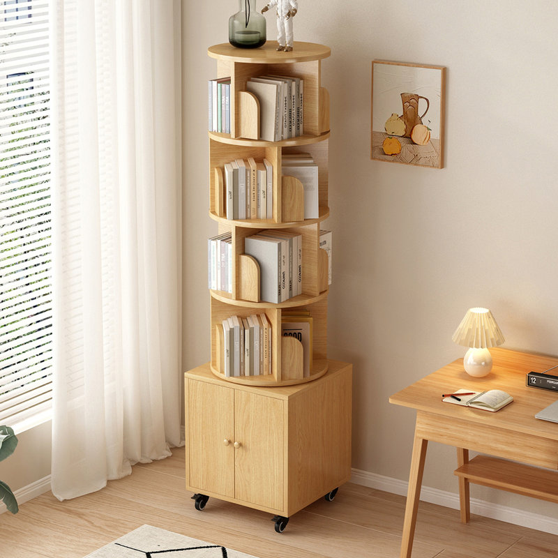 Rotating Bookshelf, 360 Degree Display 5 Tier Corner Bookshelf with Drawer for Small Space