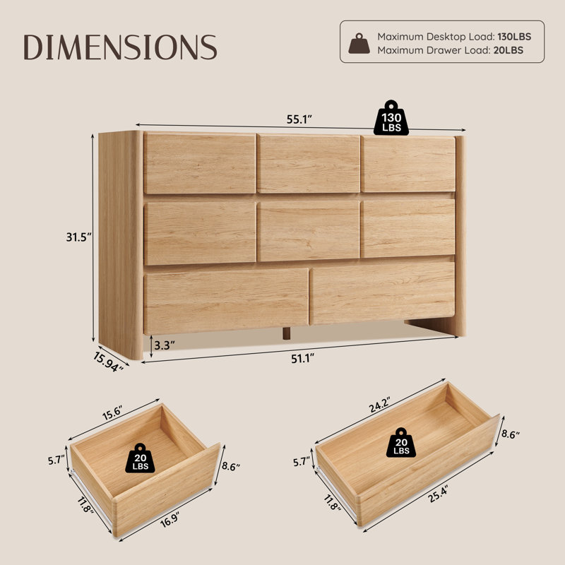 Commode 8 tiroirs Bolanos, 31.5" H x 55.1" W x 15.94" D, Naturel