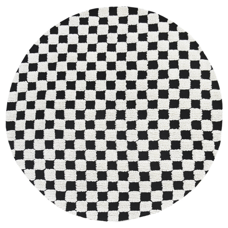 Handmade Black and White Wool Round Tufted Rug