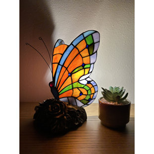 Tiffany Butterfly Mini Night Light Table Lamp Orange Blue Stained Glass 10"H