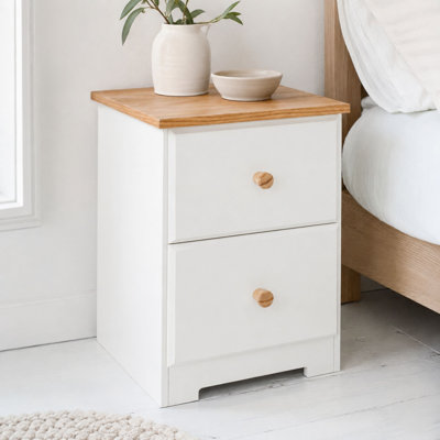 Caeli 2 Drawer Compact Bedside Table, Soft White Painted Finish with Oak Effect Top