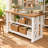 63" Artwork Craft Table with Storage, Solid Wood Sewing Worktable,Farmhouse Craft Room Table with X-Shaped Frame, 2 Open Storage Shelves, Counter Height Sewing Workstation,Brown and White