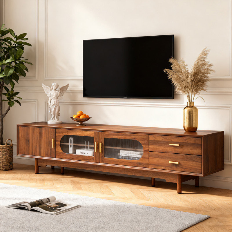 78" Modern TV Stand with Fluted Glass Doors, Entertainment Center for 85 inch TVs with 2 Drawers & Cable Management, Solid Wood Leg Media Console