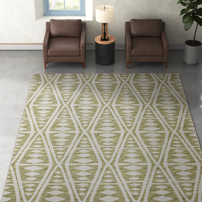 Tapis vert / blanc tissé à la machine Grecia, Rectangle 10 pi x 14 pi