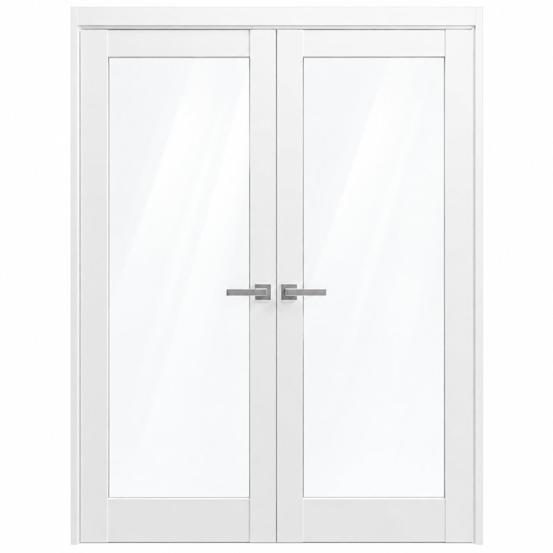 Portes doubles françaises robustes en verre clair Lucia 2166 Blanc Soie, cadre en bois massif, finitions soignées, idéales pour une chambre ou un dressing. Dimensions : 152 x 213 cm (2 x 76 x 213 cm).