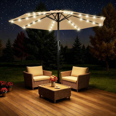 Parasol de marché 108 po, parasol électrique motorisé 9 pi avec télécommande et lumières solaires avec ouverture automatique à 30 ° pour table de billard, beige