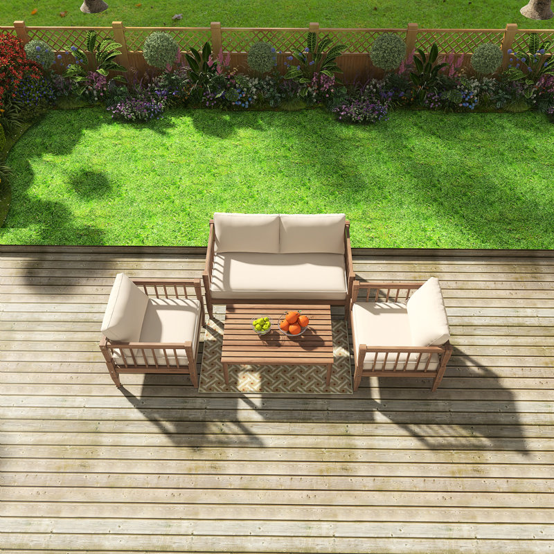 Ensemble de meubles de patio 4 pièces, ensemble de conversation extérieur avec table basse, sièges profonds avec coussins épais, pour cour, porche, balcon, brun clair