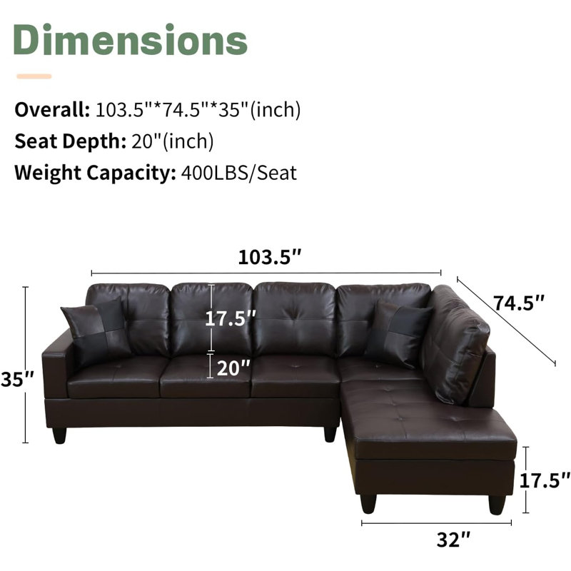 2 - Piece Faux Leather Sectional, Right Hand Facing, Brown Faux Leather