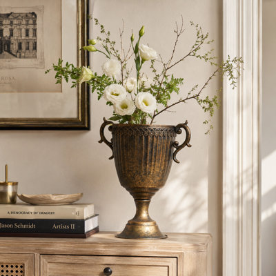 Farmhouse Decor Metal Urn Vase Double Handle in Distressed Gold Finish