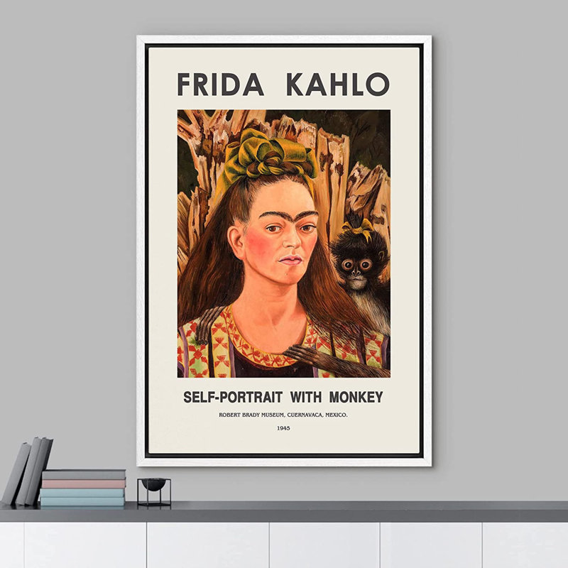Art mural classique, impression sur toile, autoportrait avec singe par Frida Kahlo, H 36 po x l 24 po, Blanc