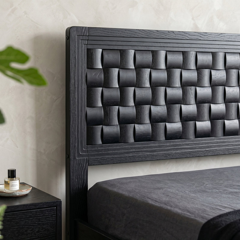 Squaro Mid-Century Modern Solid Wood Bed Frame with Woven Headboard - Queen Size in Ebony Black, Ebony Black , Queen