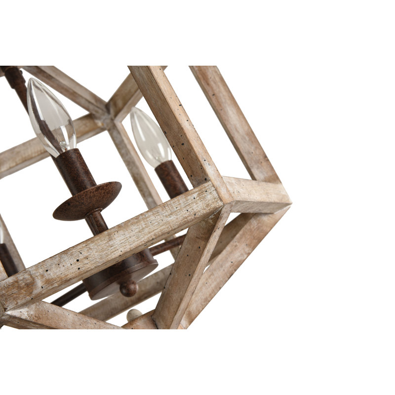 Lustre géométrique à 3 lumières de style bougie avec détails en bois Cadagan, Bois patiné