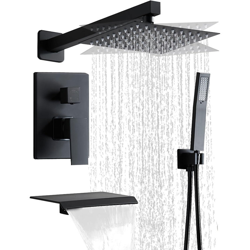 Matte Black 3-Function Shower Tub Faucet Set – 10 Inch Rain Shower Handheld Spray Water-Saving High Pressure All-Metal Bathroom System
