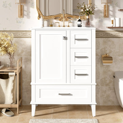 Meuble-lavabo de 24,8 po avec lavabo en céramique, armoire autoportante moderne avec porte à fermeture en douceur, tiroir profond, tiroir peu profond et tiroir large pour un rangement peu encombrant