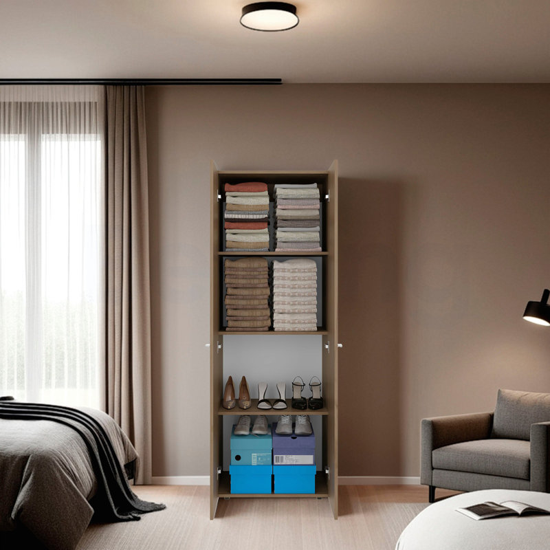 Grande armoire-penderie 2 portes en chêne naturel avec 4 tablettes et rangement vertical, Naturel