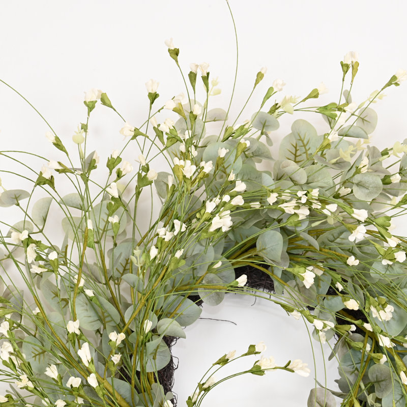 Couronne de porte artificielle florale 24 po Eucalyptus Spring Summer, Vert/blanc
