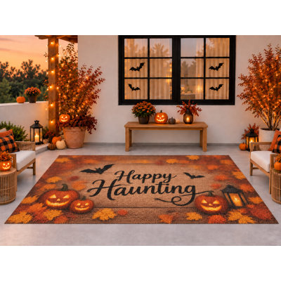 Tapis d'extérieur 152 x 213 cm, motif citrouilles et chauves-souris d'automne pour l'Halloween, imperméable, en PVC bouclé, résistant et à séchage rapide, idéal pour porche, terrasse, balcon ou entrée.