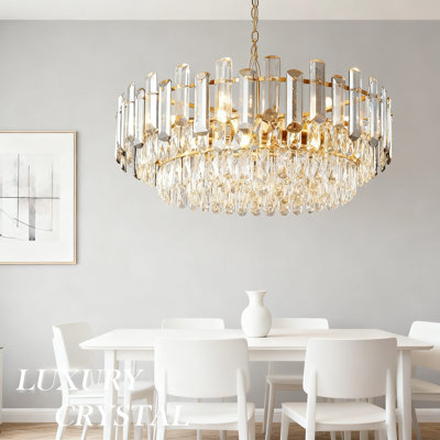 3-Tier Crystal Chandelier With 12 Lights, Gold Finish Modern Pendant Lighting For Dining Room, Living Room, Foyer, Dimmable With Height Adjustment