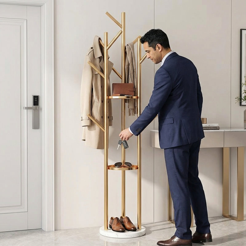Steel Freestanding 9-Hook Coat Rack In Gold, Gold