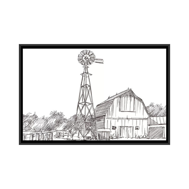 « Farm sketch II » par Ethan Harper, reproduction d’art, H 18 po x l 26 po x P 1,5 po, Toile avec cadre noir, Pas de tapis