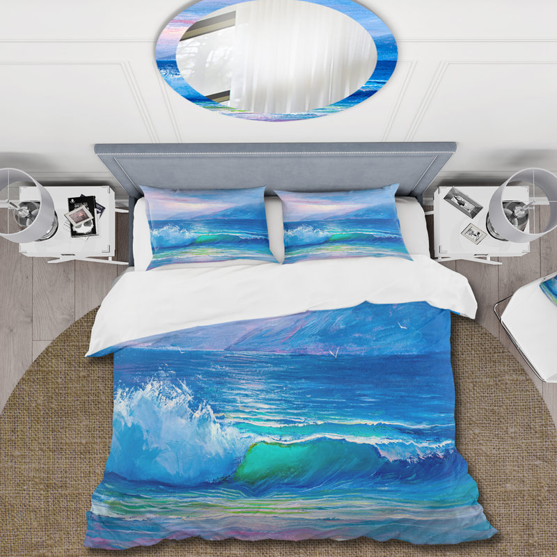Blue Waves Breaking At The Beach II - Ensemble de housse de couette nautique et côtier - Polyester en microfibre