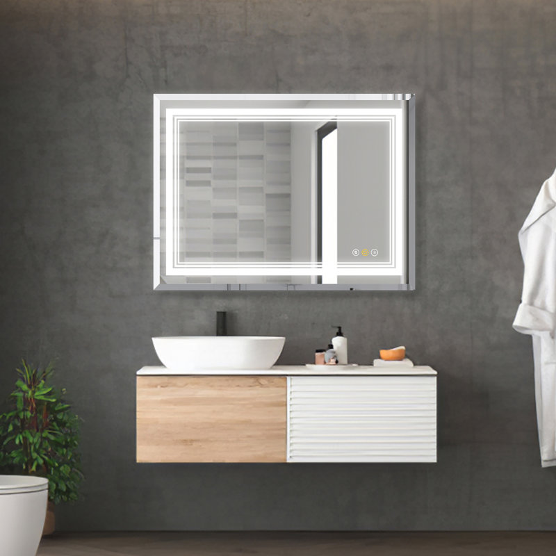 Abriele Wall Mount Mirror with LED Lights, 3 Color Mode Lights, Dimmer, Defogger, Memory Function for Bathroom, 36" x 30"