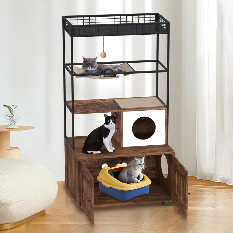Grande boîte à litière en bois pour chat avec tablettes de rangement - Toilette cachée pour chat avec hamac et boule suspendue, rétro