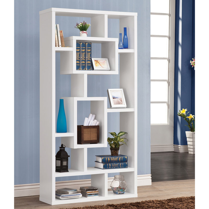 Bibliothèque blanche à 10 tablettes à motif géométrique avec panneau de particules + finition griffée et installation sécuritaire