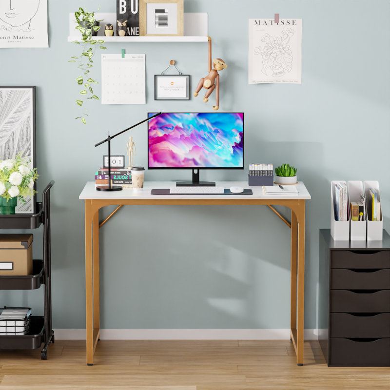 Petit bureau moderne avec bureau et bureau en métal pour bureau à domicile, H 29 po x l 47 po x P 19 po, Marbre blanc / or