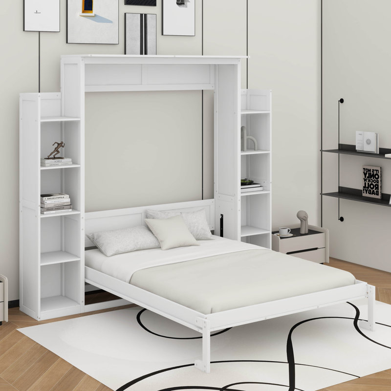 Grand lit escamotable avec tablettes et DEL, Blanc