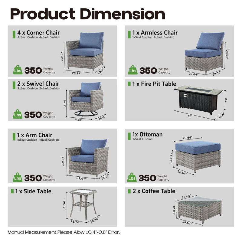 Ensemble de mobilier de patio pour 9 personnes avec assemblage à bascule pivotant, ensemble de conversation modulaire en rotin et osier avec coussins, ensemble de conversation pour canapé toutes saisons avec foyer d'extérieur