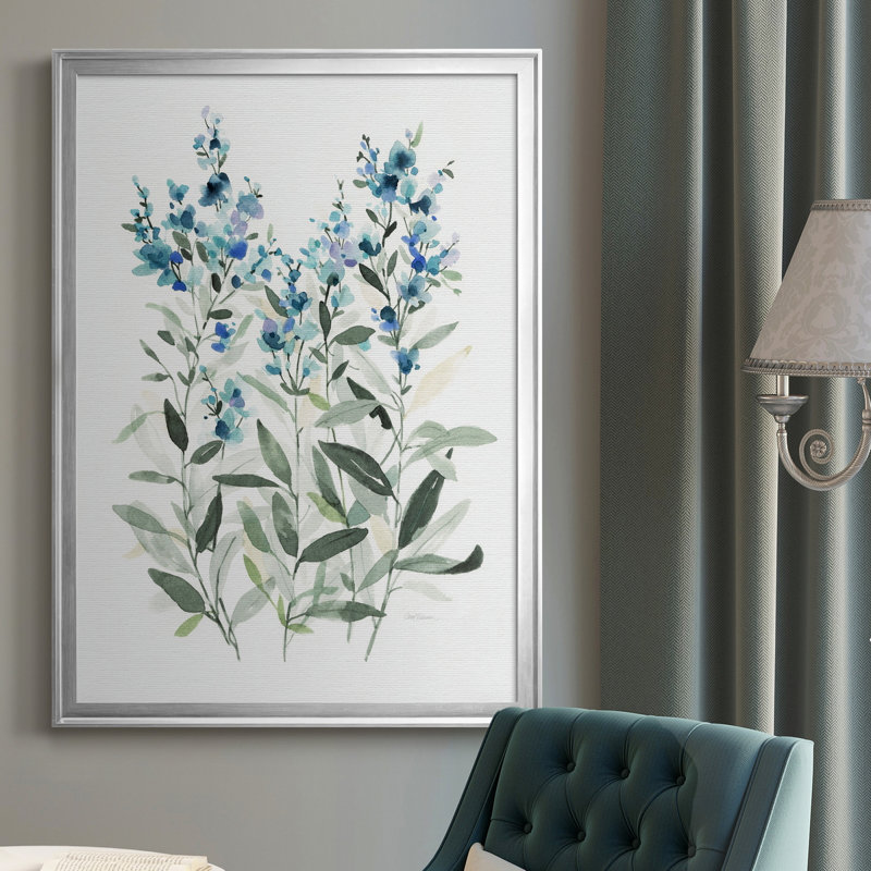 «Delicate Blue Botanical II», peinture sur toile encadrée, H 26,5 po x l 36,5 po x P 1,5 po, Cadre argenté