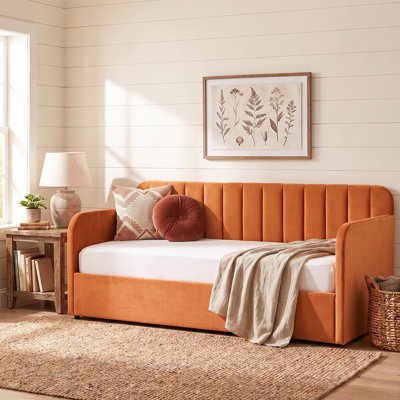 Piano Key Style Tufted Upholstered Daybed with Lift-Up Storage, Orange Velvet